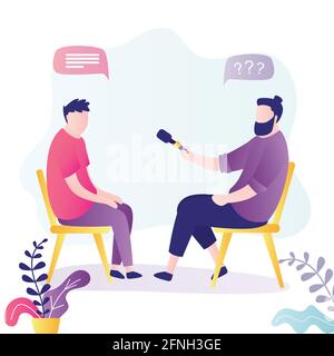 Journalist interviews businessman or celebrity. Reporter holding microphone and give questions. Business people sitting on chairs. Male characters in Stock Vector