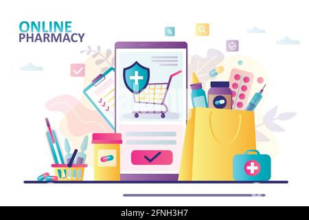 Bag with different drugs. Online pharmacy and medicine landing page template. Concept of healthcare, drugstore and e-commerce. Safe purchase of pills Stock Vector