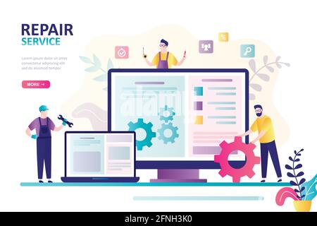 Repair service landing page. Funny tiny people repairing gadgets and operating system. Technicians and repairman at work. Online application on screen Stock Vector