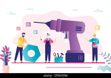 Big drill and team of servicemen in uniform. Group of repairman with tools. Repair service, banner template. Male workers and toolbox nearby in trendy Stock Vector