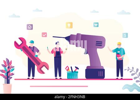 Big drill and team of servicemen in uniform. Group of repairman with various tools. Repair service, banner template. Male workers and toolbox nearby i Stock Vector