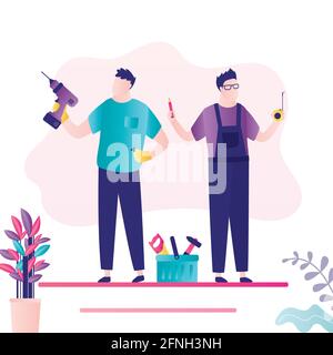 Two handsome repairman holds drill and tape. Repair service, banner template. Team of servicemen in uniform. Male workers and box with tools nearby. T Stock Vector