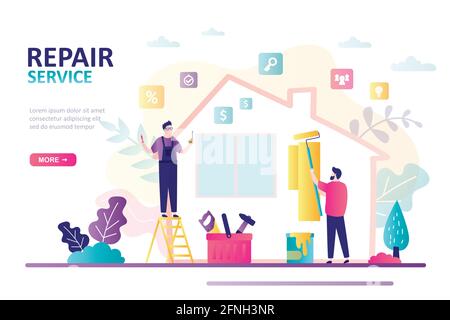 Builders doing repair of home with tools. Professional master paints home wall with roller. Landing page template. Craftsman stands on stepladder and Stock Vector