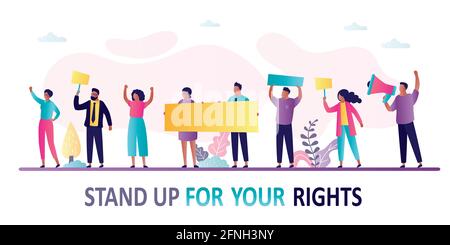 Crowd of protesting people. African american men and women with placards and signs. Protest for Human rights . Democratic freedoms, peaceful protest. Stock Vector