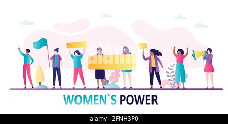 Women rights protest. Girl Power movement concept. Crowd of multiracial women standing with signboards, placards and fists raised. Flat cartoon horizo Stock Vector