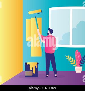 Handsome man paints walls. Repair, interior change. Repairman paints the walls using paint roller and can of paint. Room decoration. Male character in Stock Vector