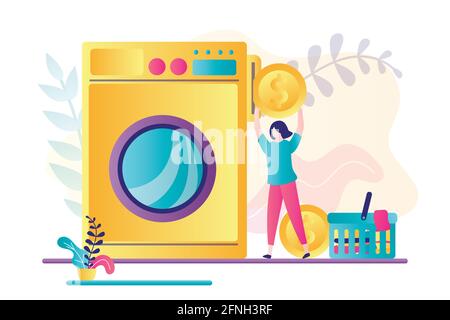 Beautiful woman wash clothes in laundry service. Female character holds big coin for payment. Dirty clothes in laundry basket. Large washing machine, Stock Vector
