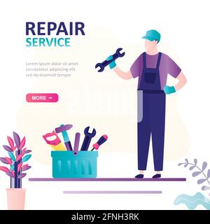 Handsome repairman holds wrench. Repair service landing page template. Serviceman in uniform. Male worker and box with tools nearby. Trendy style vect Stock Vector