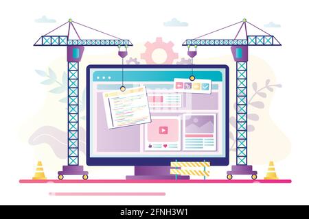 Industrial cranes builds web page. Concept of automatization, website builder and development. Artificial Intelligence create site design. New interne Stock Vector