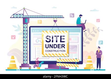 Construction crane hangs poster on monitor - site under reconstruction. Error 404. Page is not found. Internet connection problem. Website development Stock Vector
