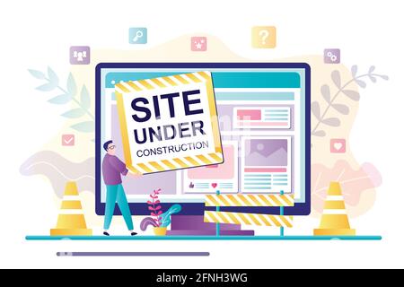 Site under construction- web page. Handsome man holds 404 error. Website not found. Repair work. Problems with internet connection on computer. Banner Stock Vector