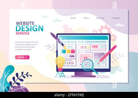 Website development landing page template. Creativity process. New idea, creation of an online store or blog. Copywriting, uploading media content to Stock Vector