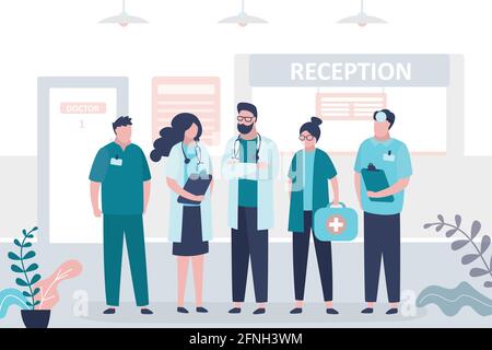 Group of various doctors and nurse. Teamwork, medical services concept. Female and male medical specialists indoor. Human characters in uniform, clini Stock Vector