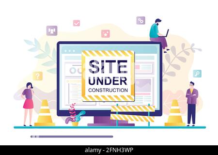 Tiny people repairing homepage in internet. Error 404 on computer screen. Website under construction page. Trouble with internet connection. Landing p Stock Vector