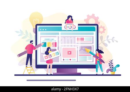 Website development concept. Group of developers and designers create website. Teamwork, creation of an online store or blog. Copywriting, uploading m Stock Vector