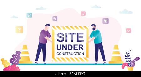Site under construction page. Error 404. Webpage is not found. Male character report problem on site. Internet connection problem. Website development Stock Vector