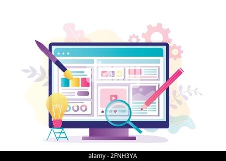 Website development. Creativity process. New idea, creation of an online store or blog. Copywriting, uploading media content to web page. Trendy style Stock Vector