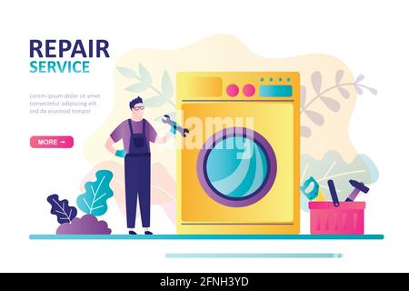Technical service worker repairing washing machine. Landing page on theme repair service. Plumber in uniform holds wrench. Male character fixes laundr Stock Vector