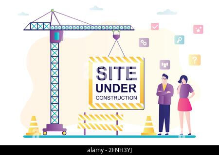 Big crane hold placard - site under construction. Error 404 horizontal banner template. Page is not found. Internet connection problem. Unhappy people Stock Vector