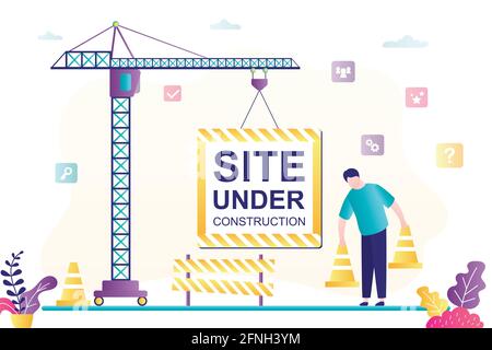Big crane hold placard - site under construction. Error 404. Page is not found. Internet connection problem. Male worker puts warning signs. Website d Stock Vector
