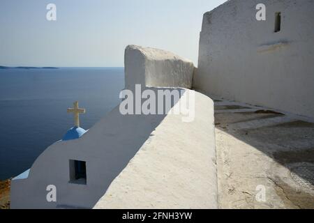 Traditional Greek Orthodox chapel overlooking the Aegean Sea in Astypalaia island, Dodecanese Greece. Stock Photo