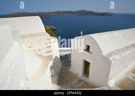 Traditional Greek Orthodox chapel overlooking the Aegean Sea in Astypalaia island, Dodecanese Greece. Stock Photo