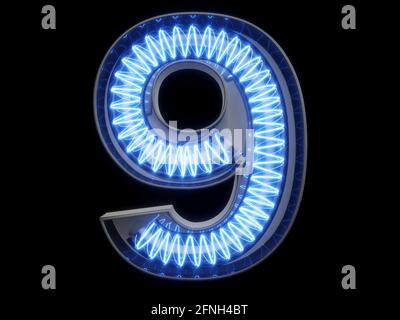 Light spiral glowing digit alphabet character 9 nine font. Front view illuminated number 9 symbol on black background. 3d rendering illustration Stock Photo