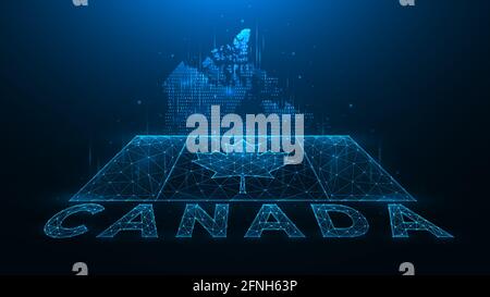 Polygonal vector illustration of map and flag of Canada. Abstract banner or template made of dots and lines on a dark blue background. Digital design. Stock Vector