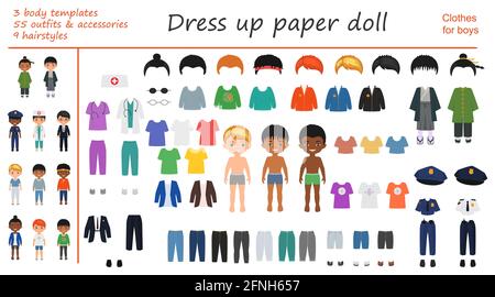 Dress up paper doll. Big set of professional, national and casual clothes for boys. Vector illustration. Cartoon flat style Stock Photo