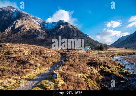 Lagangarbh Hut is situated north of Buachaille Etive Mor near the River Coupall. It is owned by the National Trust for Scotland. Stock Photo