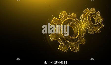 Polygonal vector illustration of gears isolated on dark background. Cogwheels or settings. Industrial or machinery technology design. Stock Vector