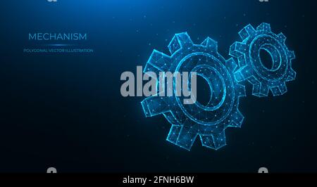 Polygonal vector illustration of a mechanism isolated on a blue background. Gears, cogwheel or settings. Industrial or mechanical engineering. Stock Vector