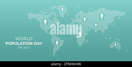World Population Day modern vector illustration, world map and people isolated on turquoise background. Stock Vector