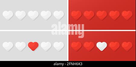 Vector illustration of five hearts in red and white colors. Love templates or banners. Five heart rating Stock Vector