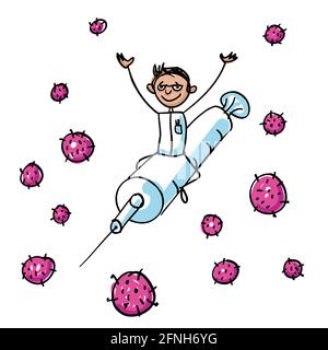 Doctor enthusiastically rides syringe with Corona vaccine and defeats the coronaviruses. Hand-drawn Vector illustration Stock Vector