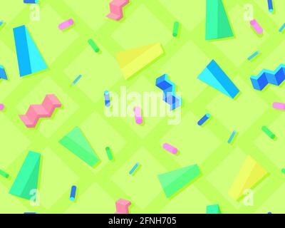 3d geometric shapes seamless pattern. Geometric pattern in 80s style with memphis elements. Background for wrapping paper, advertising materials and f Stock Vector