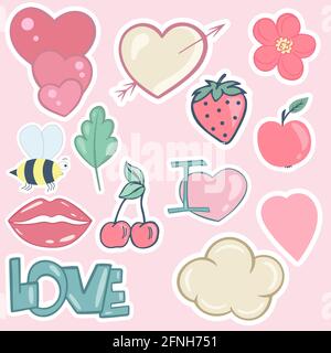 Set of stickers. Vector. Isolated illustration of a flower cloud kissing strawberry and cherry. Various stripes in pastel colors. Hand drawing. Stock Vector