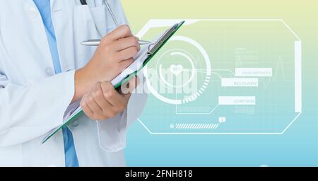 Composition of caucasian male doctor with clipboard over digital interface with medical icons Stock Photo