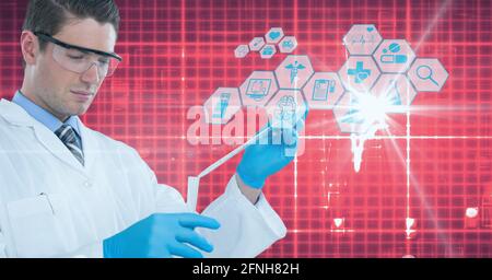 Composition of dna strand, brain and medical data processing on red background Stock Photo