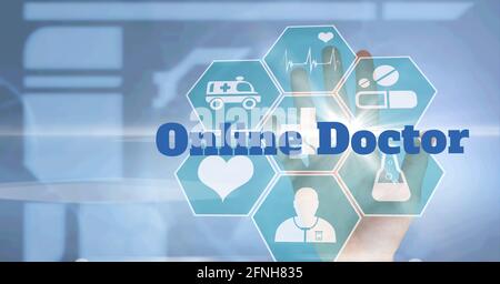 Composition of hand touching interactive screen with online doctor text and medical icons. global online medicine and digital interface concept digita Stock Photo