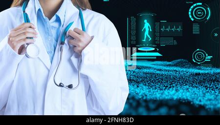 Composition of female doctor over virtual screen with medical icons on black background Stock Photo