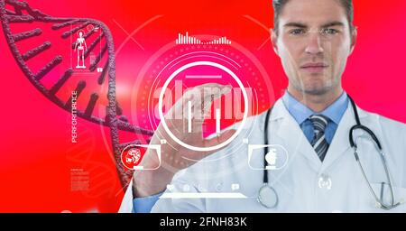 Composition of male doctor touching virtual screen with dna strand and medical data processing Stock Photo