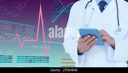 Composition of male doctor using virtual screen with diagrams and medical icons on blue background Stock Photo
