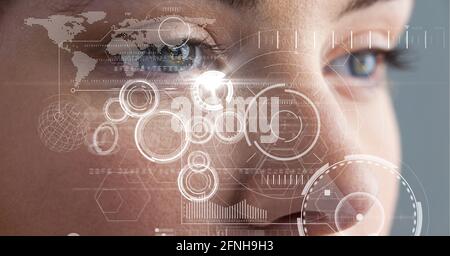 Composition of scope scanning data processing over woman's face Stock Photo