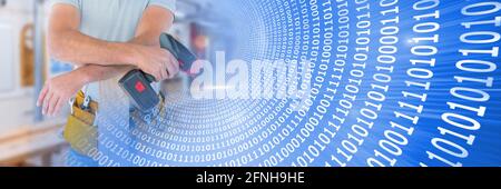 Composition of binary coding over handyman holding drill Stock Photo
