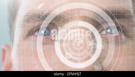 Composition of scope scanning data processing over man's face Stock Photo