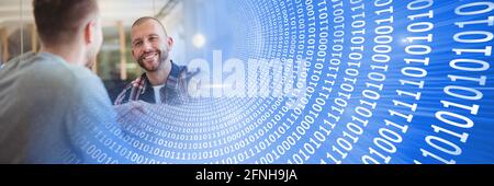 Composition of binary coding over men shaking hands Stock Photo