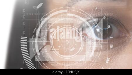 Composition of scope scanning data processing over woman's face Stock Photo