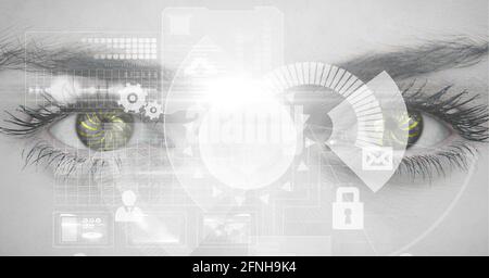 Composition of scope scanning data processing over woman's face Stock Photo