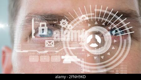 Composition of scope scanning data processing over man's face Stock Photo